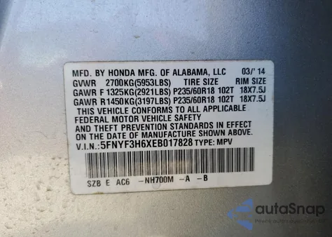 2014 Honda Pilot Exl from USA, damaged, VIN 5FNYF3H6XEB017828